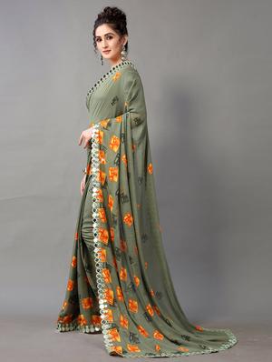 green georgette printed saree with blouse - 18688643 - Standard Image - 2