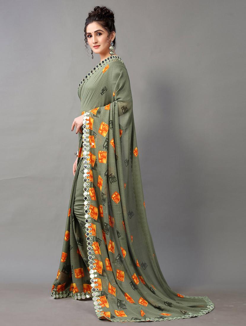 green georgette printed saree with blouse - 18688643 - Zoom Image - 2