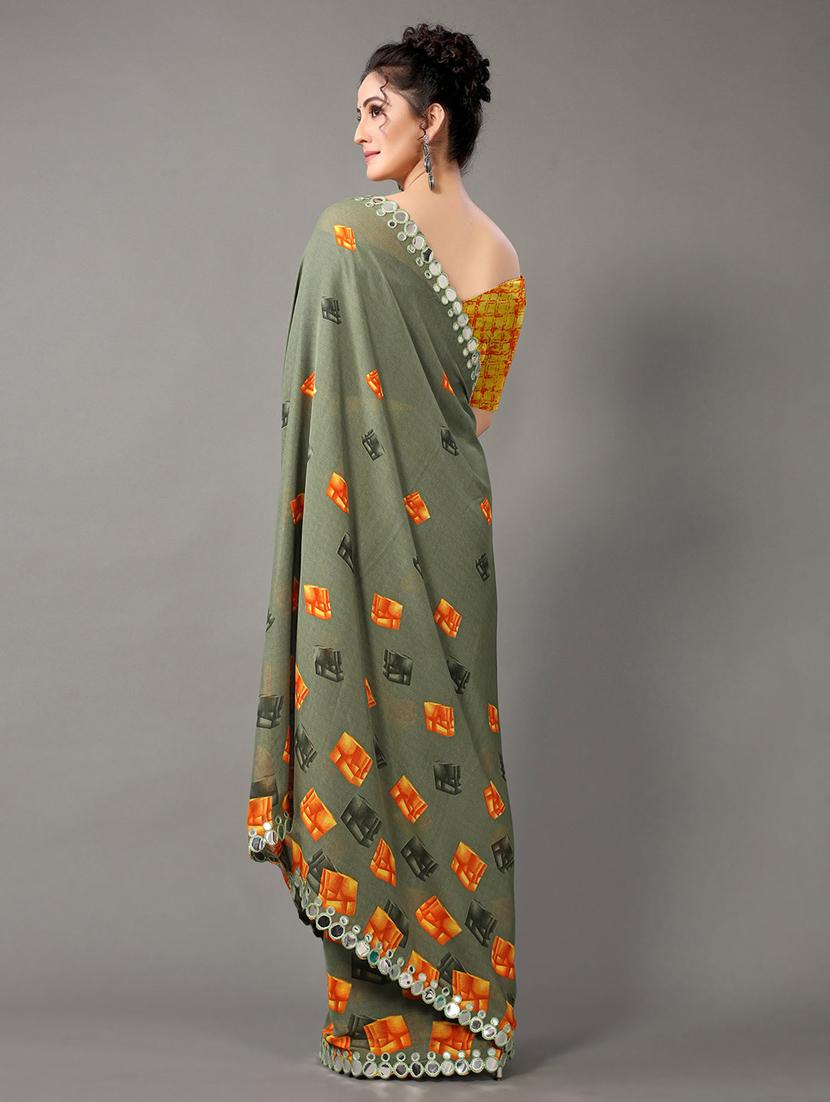 green georgette printed saree with blouse - 18688643 - Zoom Image - 3