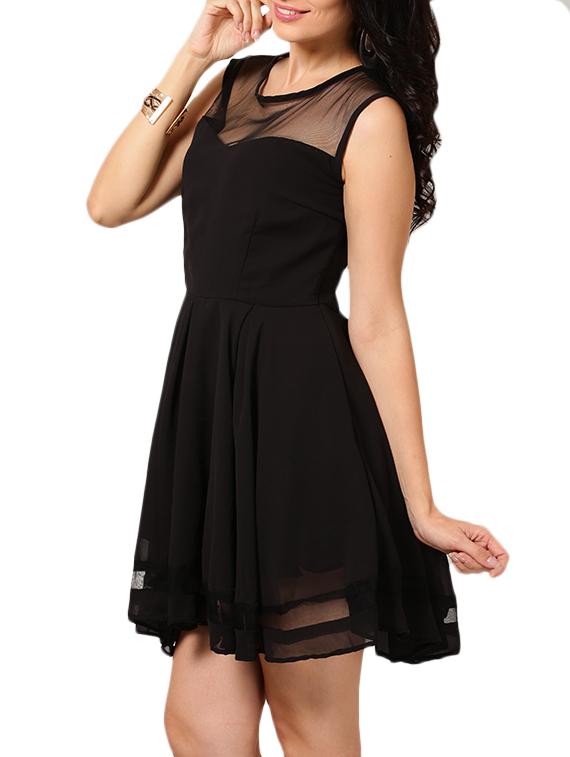 mesh panel round neck pleated dress - 26493 - Zoom Image - 2