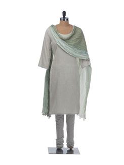 Green and White Pin Tucked Suit Set with Printed Churidar and Ombre Dyed Crinkled Dupatta (Set of 3) - KILOL
