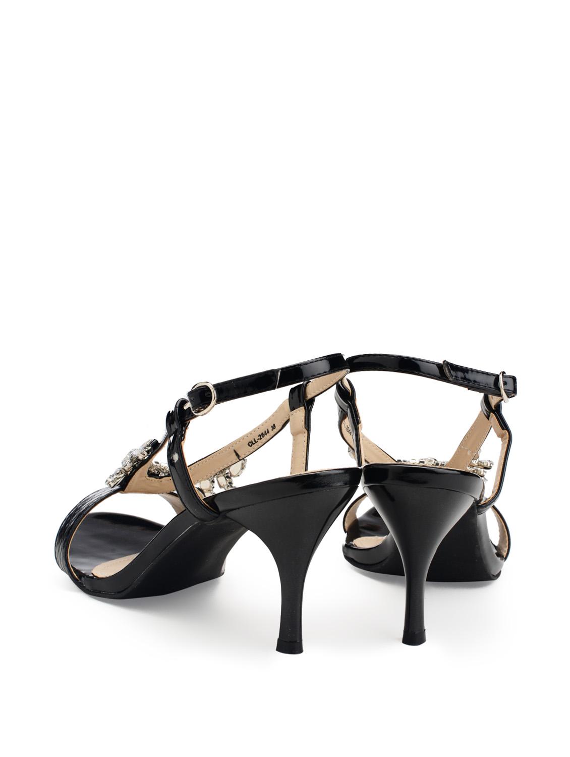 Embossed Black Faux Leather Sandals with Crystal Embellishments - 7281 - Zoom Image - 3