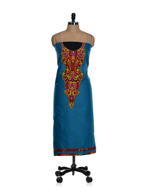 Unstitched blue kurta with a red and purple placket and a chiffon dupatta - 886241 - Standard Image - 1