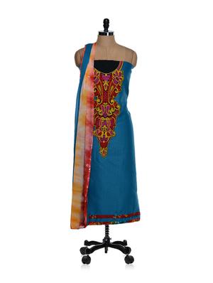 Unstitched blue kurta with a red and purple placket and a chiffon dupatta - 886241 - Standard Image - 2