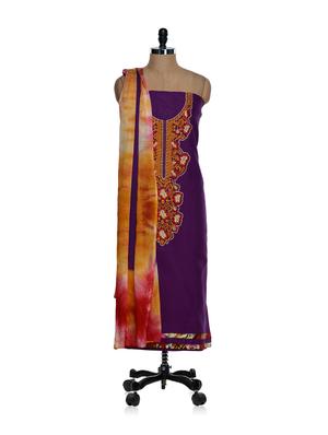 Unstitched purple kurta with a red and orange placket and a chiffon dupatta - 886243 - Standard Image - 2