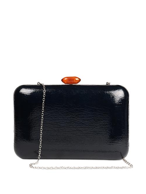 Stylish black glossy textured clutch with a sling and orange push track - 893884 - Very Small Image - 1