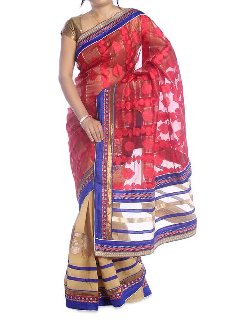 red and beige saree - 940242 - Standard Image - 1