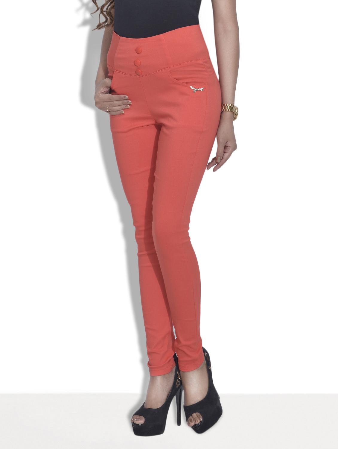 solid coral red cotton lycra jeggings - 9540397 - Zoom Image - 2