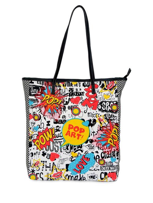 white printed canvas shopping bag with leatherette strap - 9543470 - Standard Image - 1