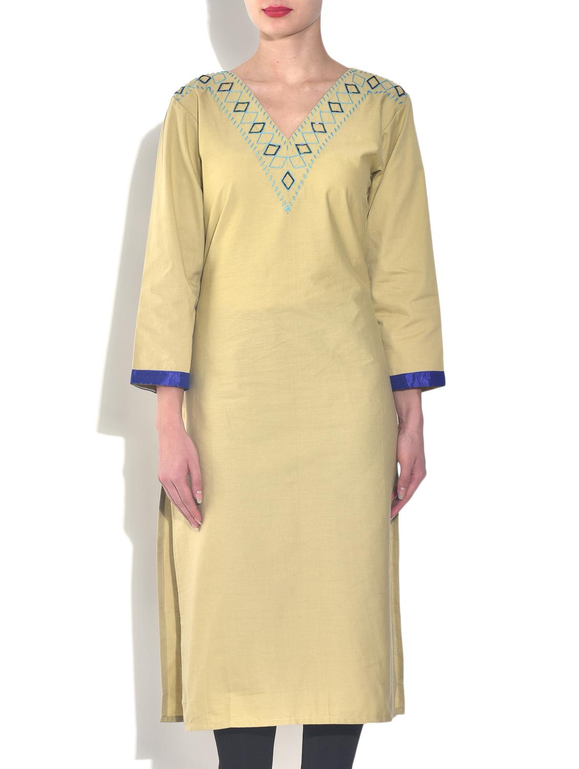 beige embroidered cotton kurti - 9544372 - Zoom Image - 1