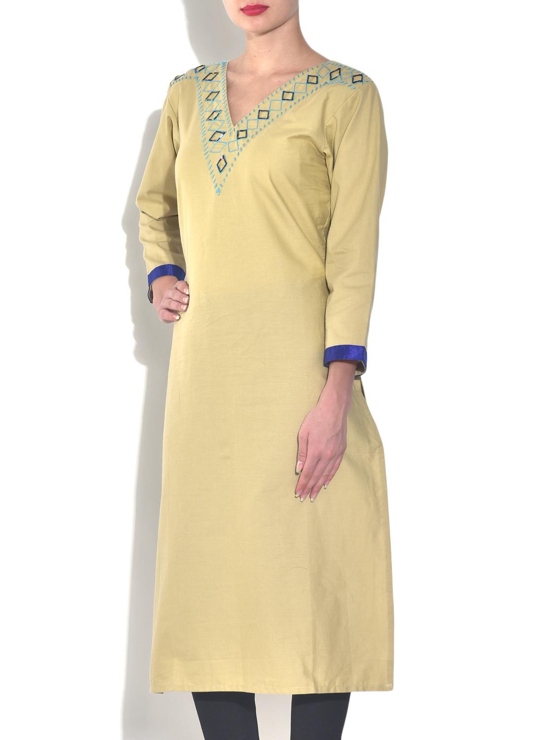 beige embroidered cotton kurti - 9544372 - Zoom Image - 2