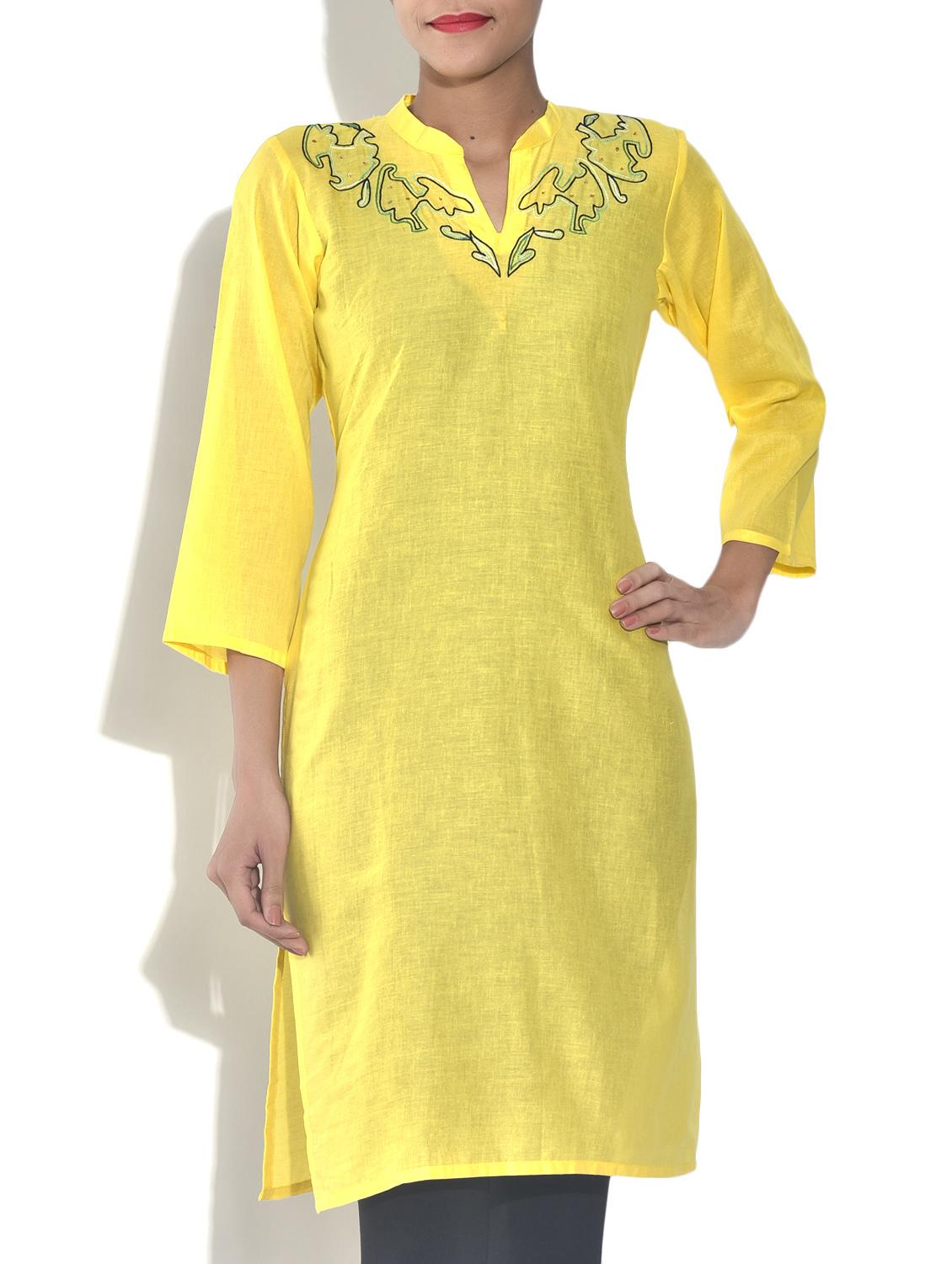lemon yellow embroidered cotton kurti - 9544373 - Zoom Image - 1