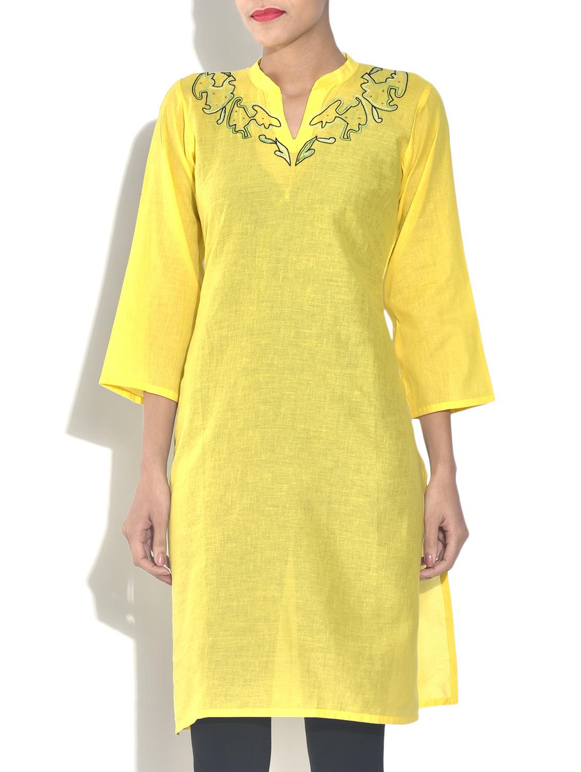 lemon yellow embroidered cotton kurti - 9544373 - Zoom Image - 2