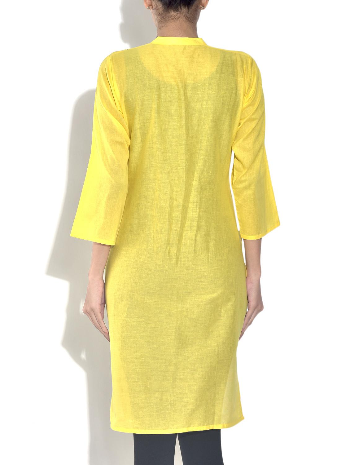 lemon yellow embroidered cotton kurti - 9544373 - Zoom Image - 3