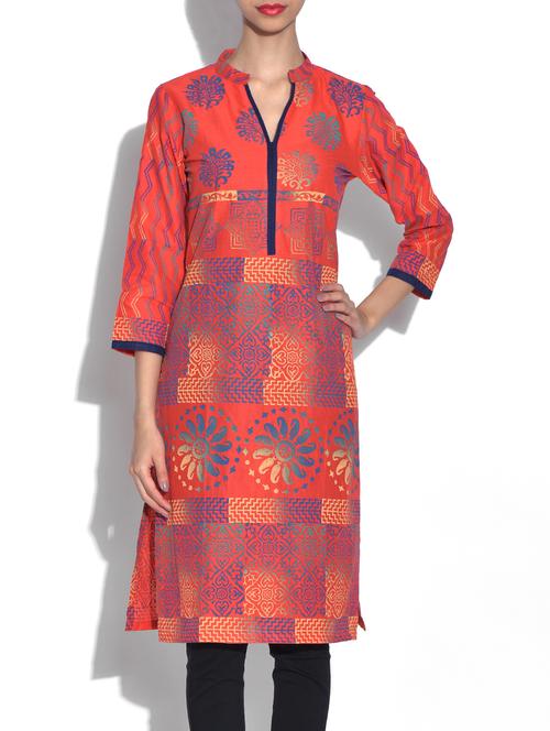 red cotton straight kurta - 9553523 - Standard Image - 1