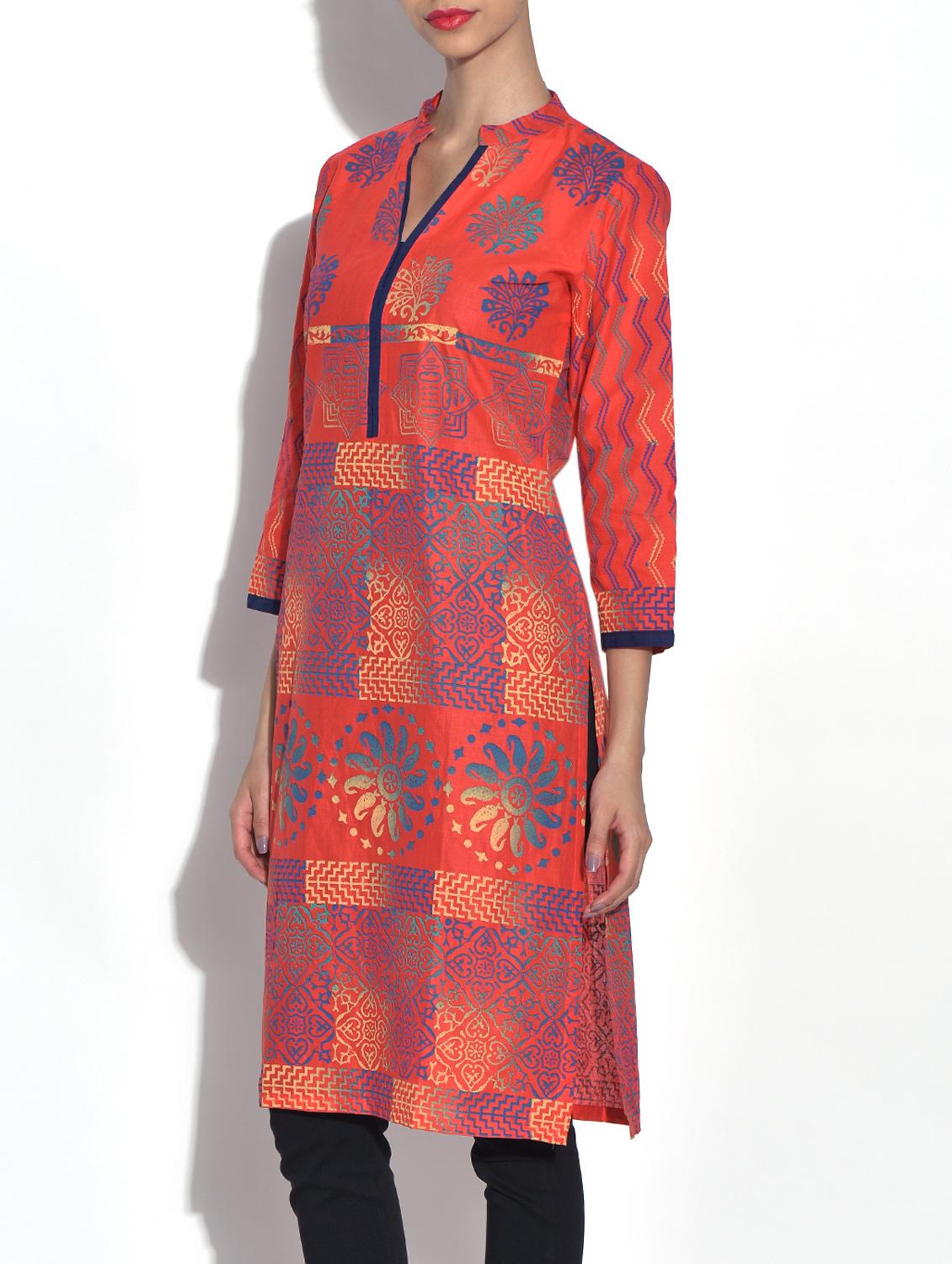 red cotton straight kurta - 9553523 - Zoom Image - 2