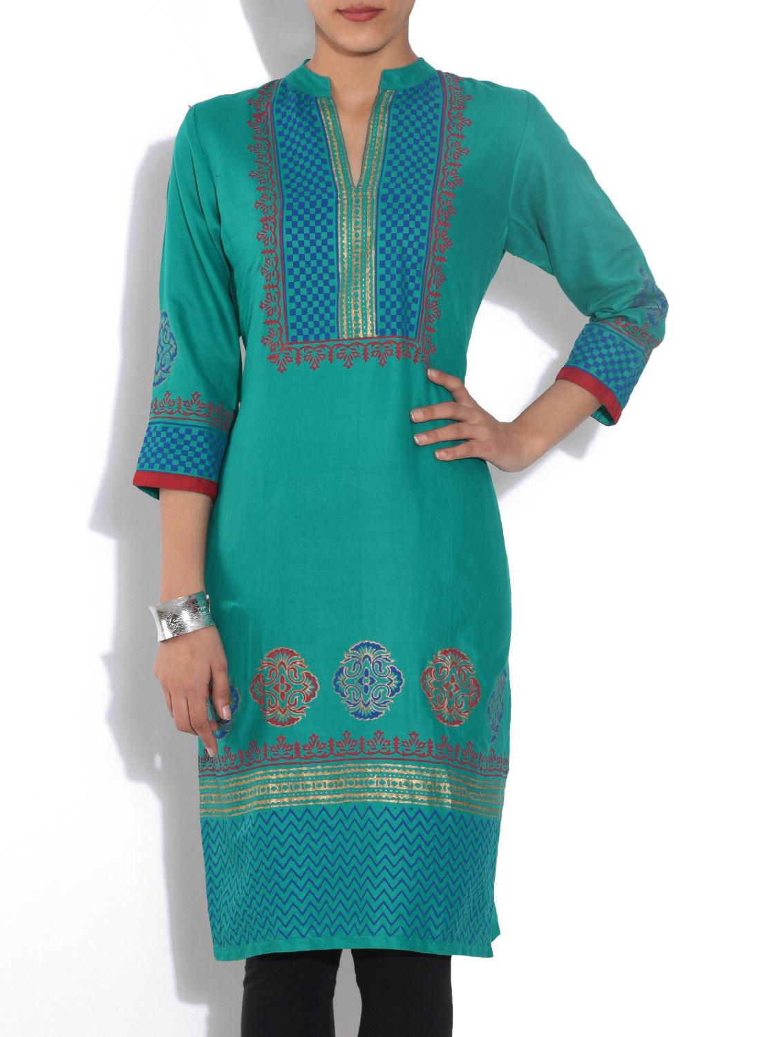 green cotton straight kurta - 9553525 - Zoom Image - 1
