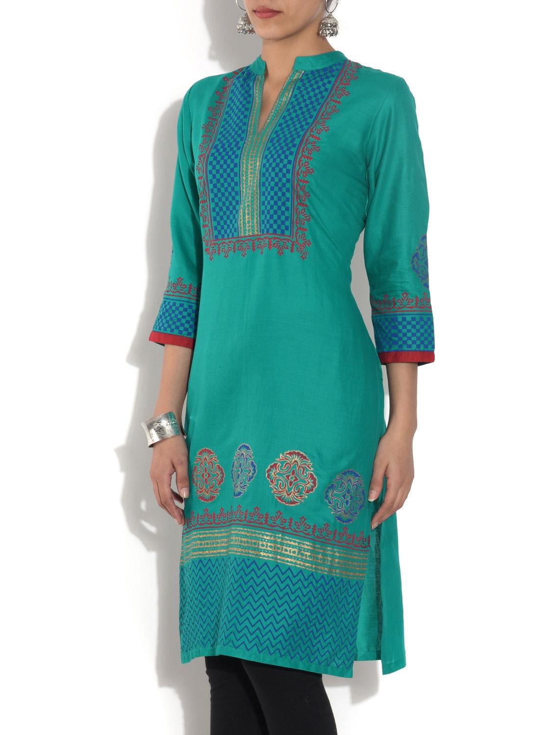 green cotton straight kurta - 9553525 - Zoom Image - 2