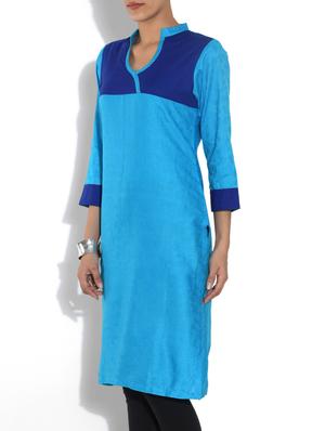 sky blue cotton straight kurta - 9553527 - Standard Image - 2