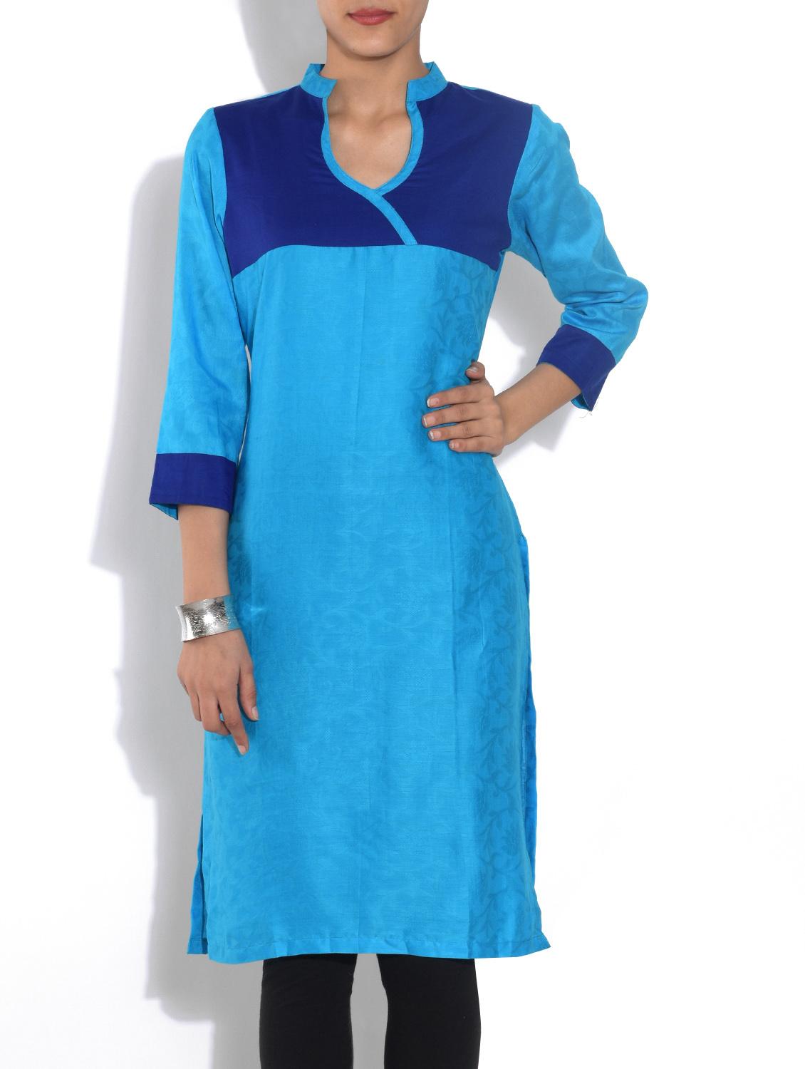 sky blue cotton straight kurta - 9553527 - Zoom Image - 1