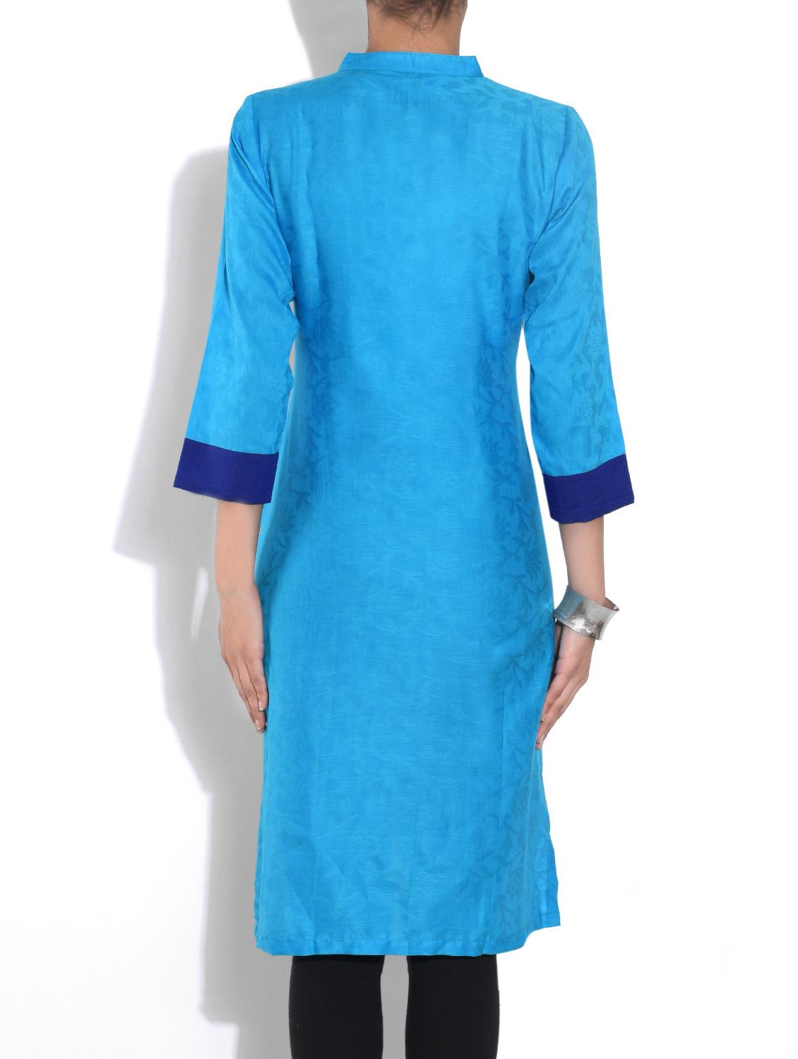 sky blue cotton straight kurta - 9553527 - Zoom Image - 3