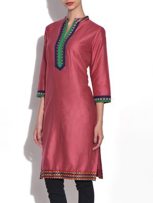 rouge pink quarter sleeved poly cotton kurta - 9553529 - Standard Image - 2