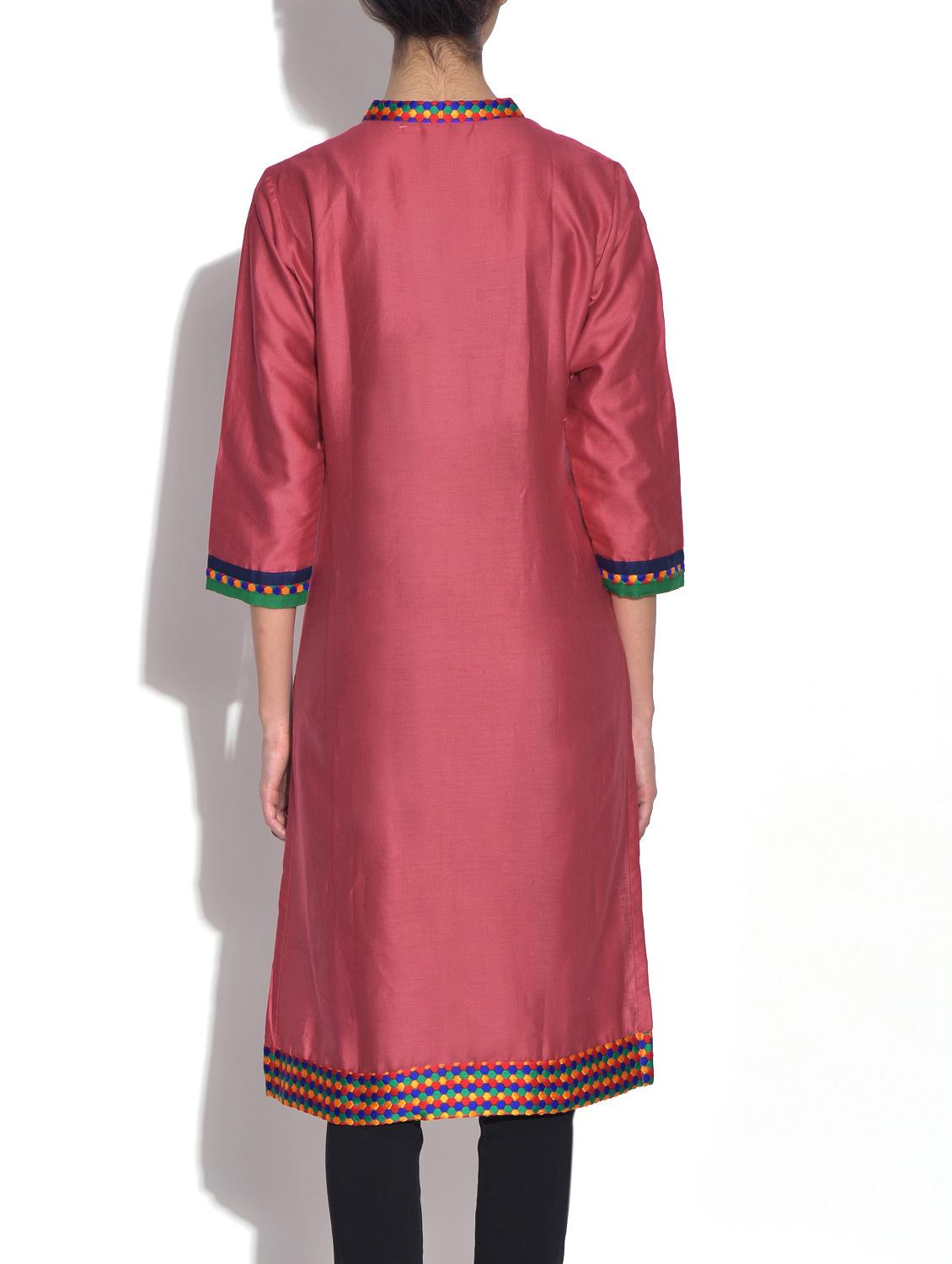 rouge pink quarter sleeved poly cotton kurta - 9553529 - Zoom Image - 3