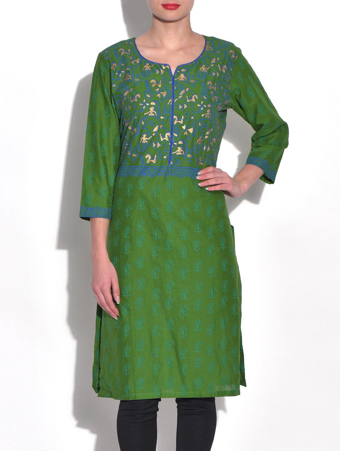 dark green printed quarter sleeved cotton kurta - 9553536 - Zoom Image - 1