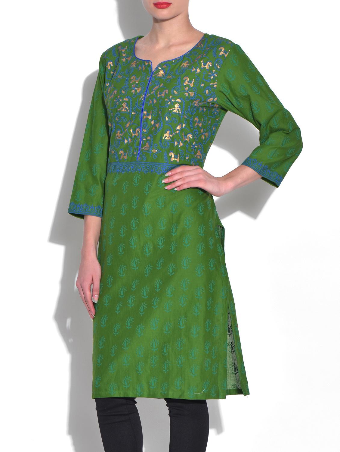 dark green printed quarter sleeved cotton kurta - 9553536 - Zoom Image - 2