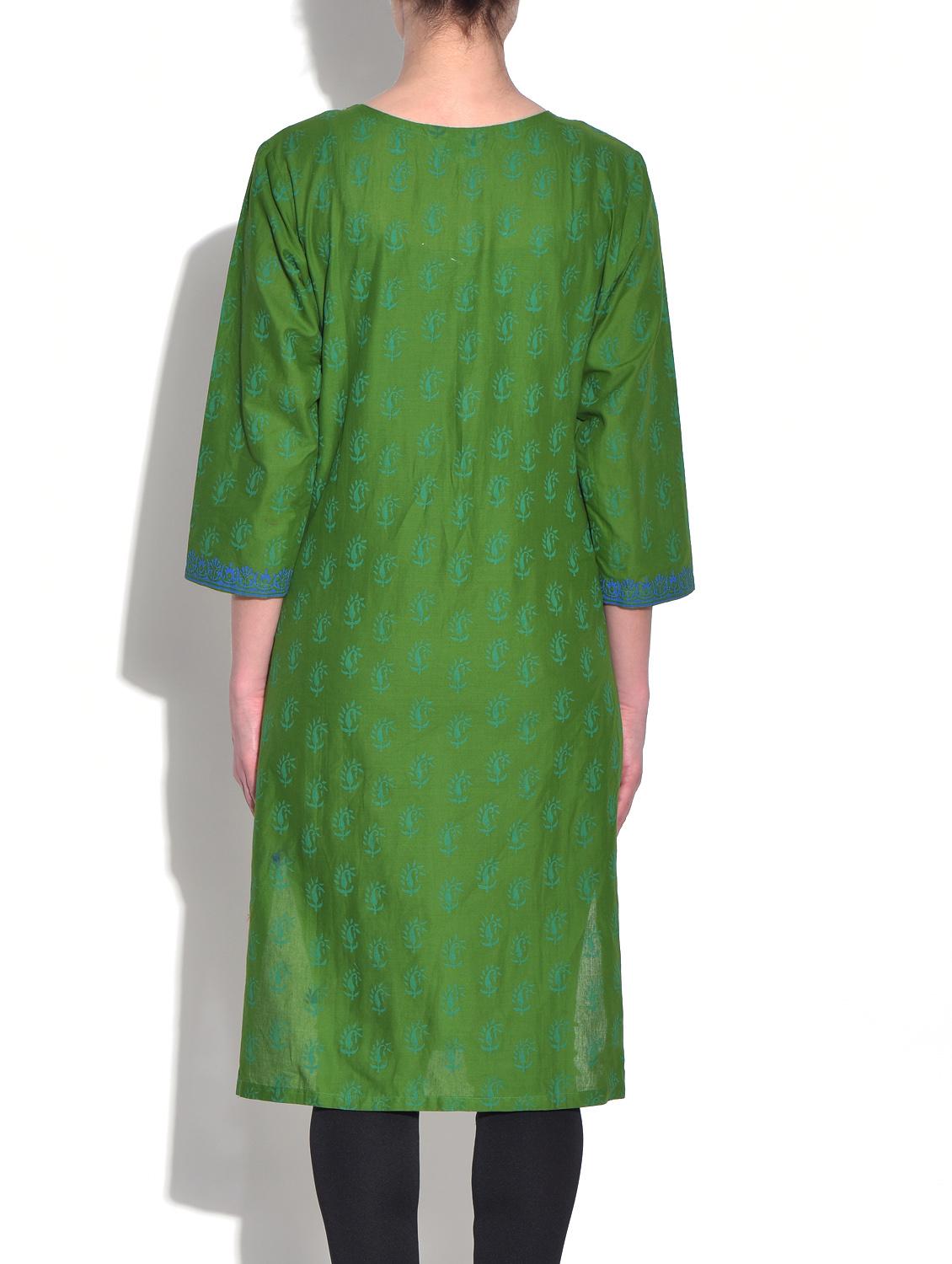 dark green printed quarter sleeved cotton kurta - 9553536 - Zoom Image - 3