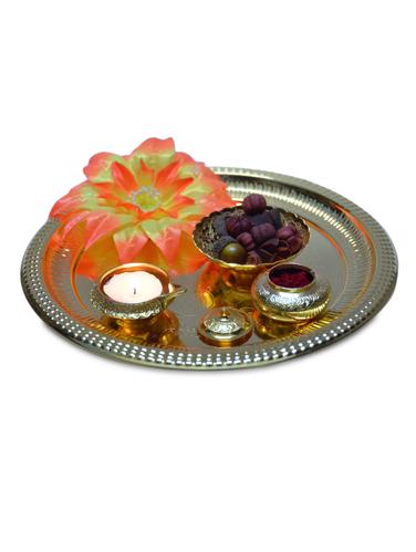 gold platted brass puja thali - 9556238 - Very Small Image - 1
