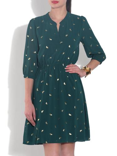 green Printed Three Quarter Sleeves Layered Dress - 9557355 - Very Small Image - 1