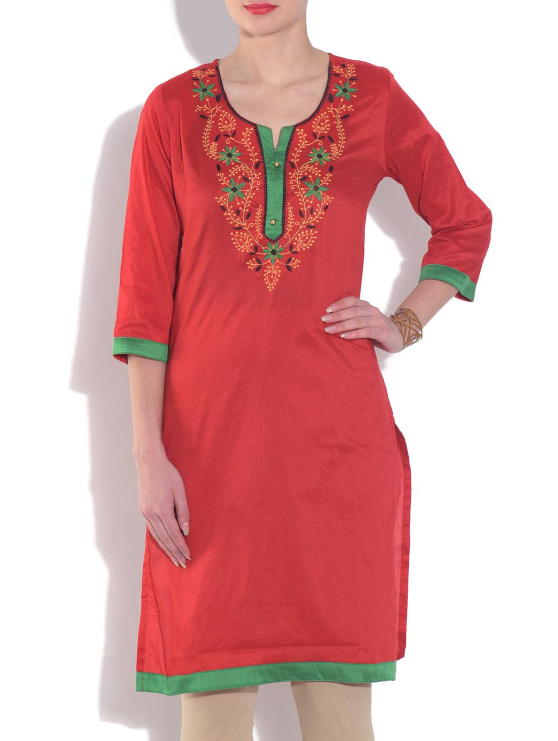 red Cotton Straight Kurta - 9560561 - Zoom Image - 1