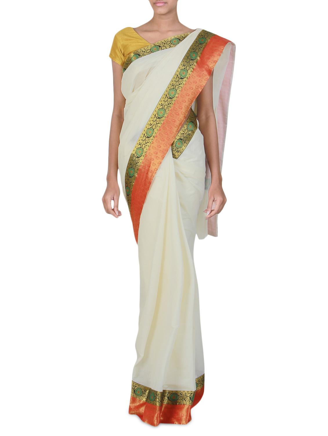 white cotton kasavu saree with blouse - 9565445 - Zoom Image - 1
