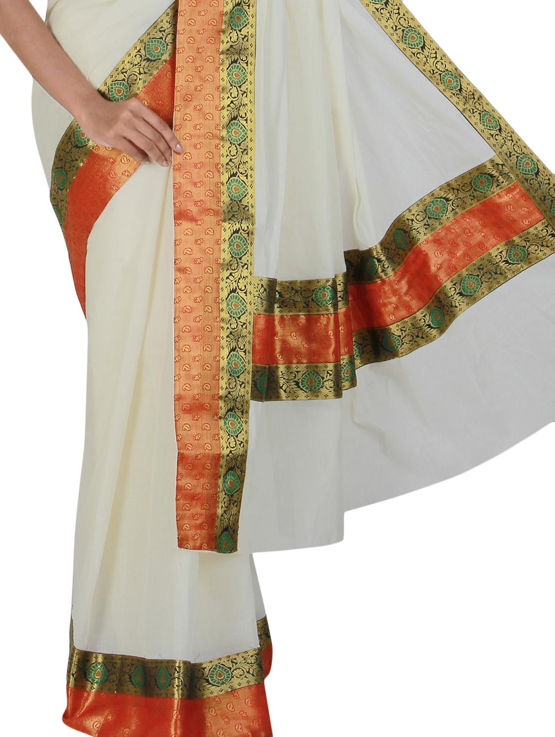 white cotton kasavu saree with blouse - 9565445 - Zoom Image - 2