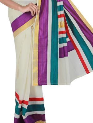 white cotton kasavu saree with blouse - 9565446 - Standard Image - 2