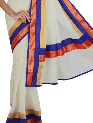 white cotton kasavu saree with blouse - 9565447 - Standard Image - 2