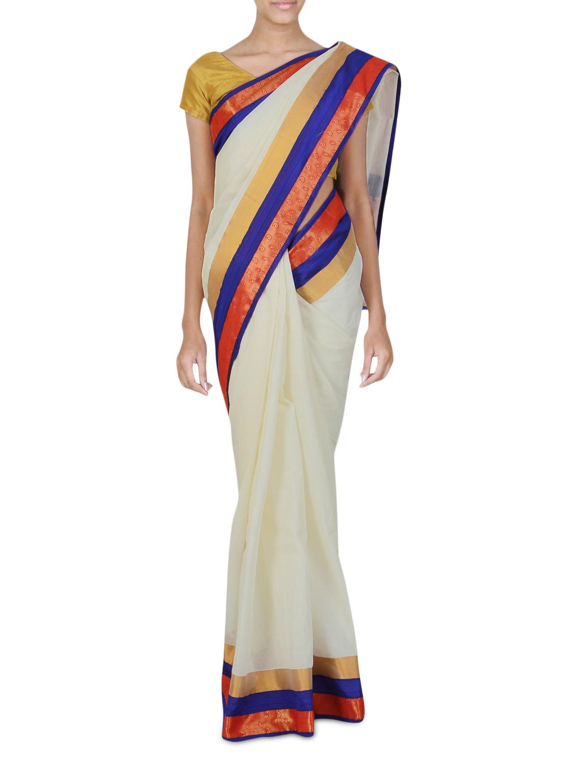 white cotton kasavu saree with blouse - 9565447 - Zoom Image - 1