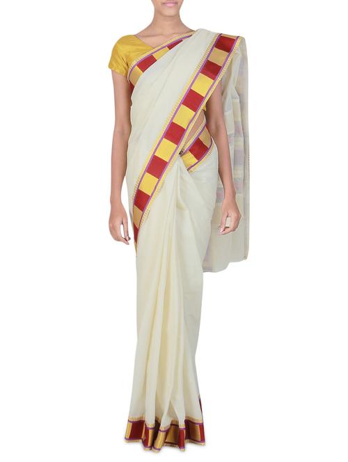 white cotton kasavu saree with blouse - 9565448 - Standard Image - 1
