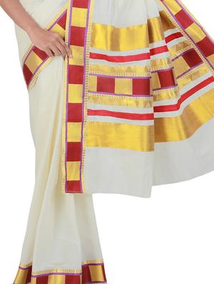 white cotton kasavu saree with blouse - 9565448 - Standard Image - 2