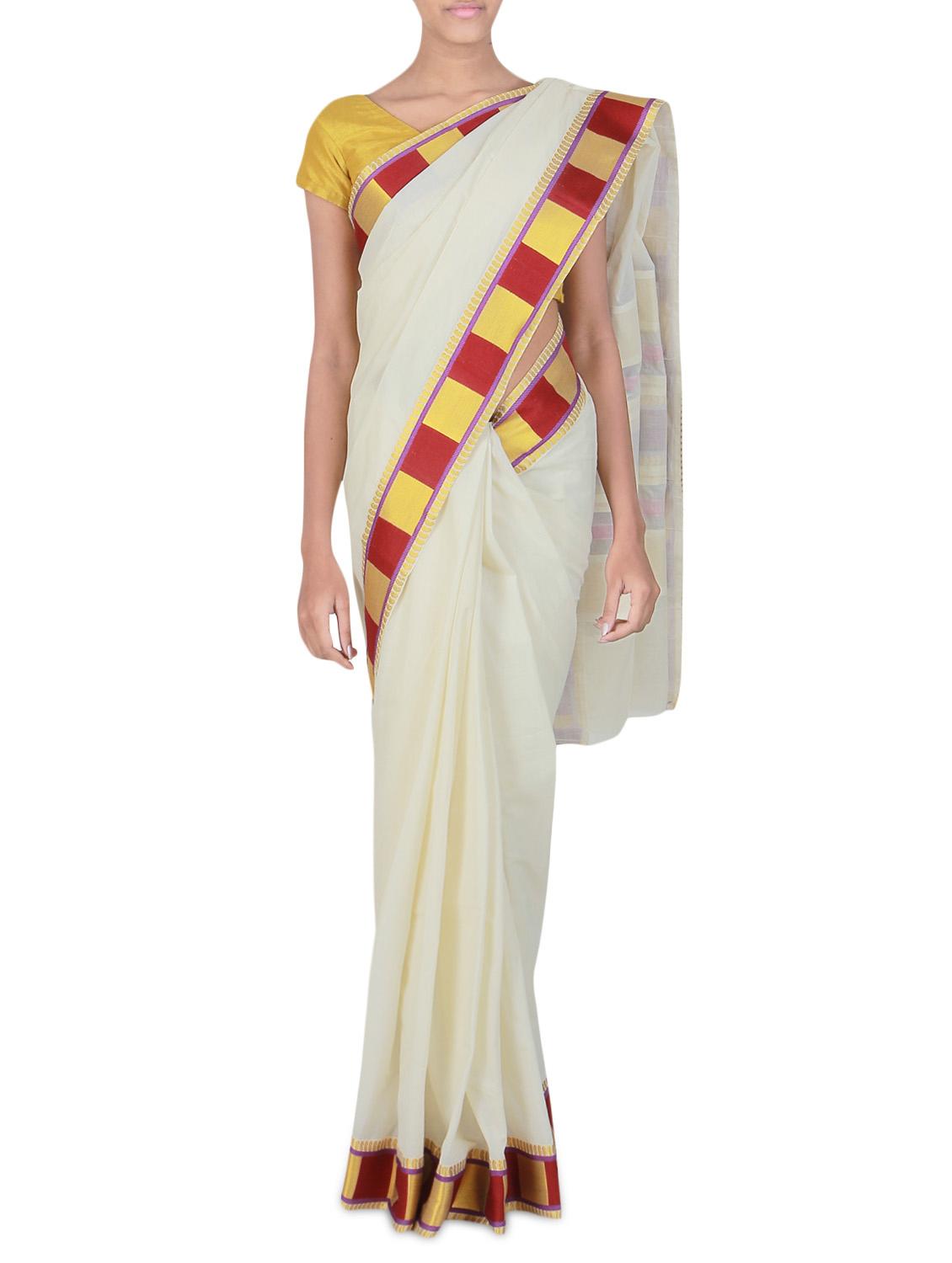 white cotton kasavu saree with blouse - 9565448 - Zoom Image - 1