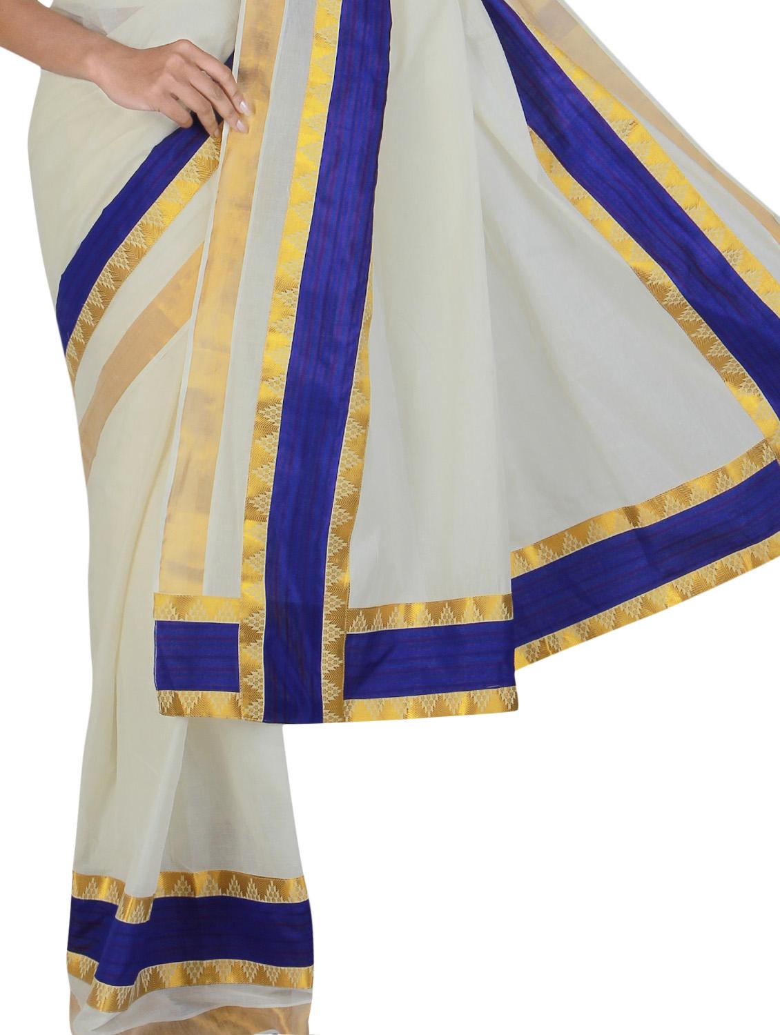 white cotton kasavu saree with blouse - 9565453 - Zoom Image - 2