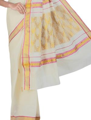 white cotton brocade kasavu saree with blouse - 9565455 - Standard Image - 2