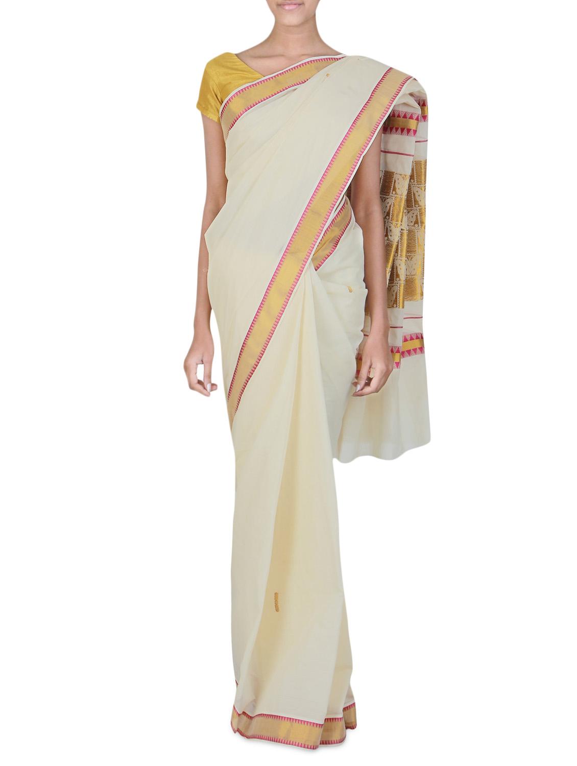 white cotton brocade kasavu saree with blouse - 9565455 - Zoom Image - 1