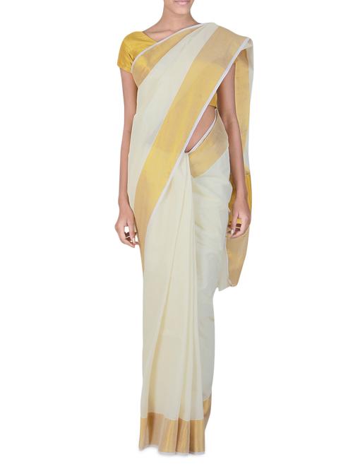 white cotton kasavu saree with blouse - 9565461 - Standard Image - 1