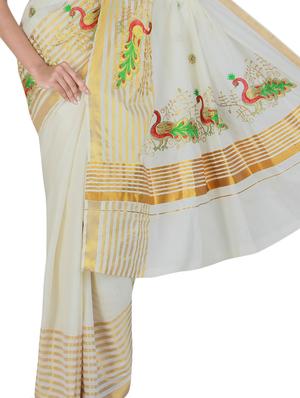 white cotton brocade kasavu saree with blouse - 9565473 - Standard Image - 2
