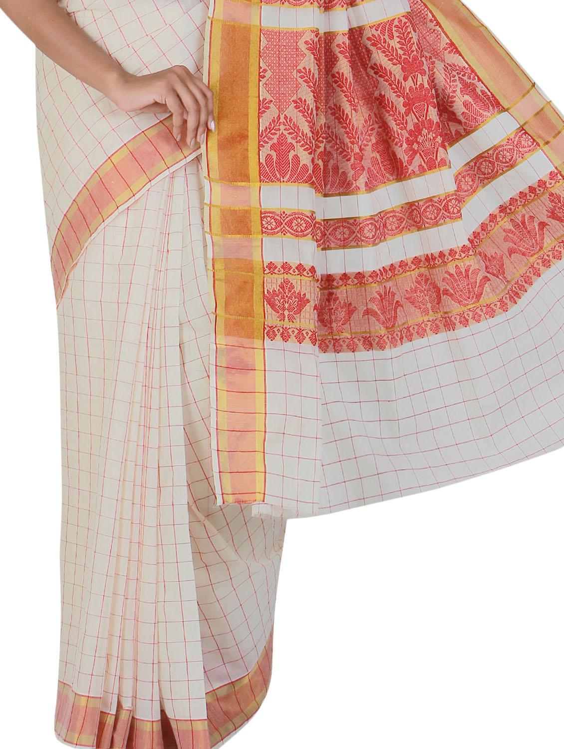 white cotton checkered kasavu saree with blouse - 9565487 - Zoom Image - 2