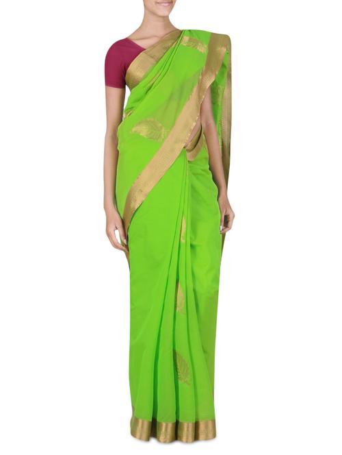 green cotton brocade kasavu saree with blouse - 9565488 - Standard Image - 1