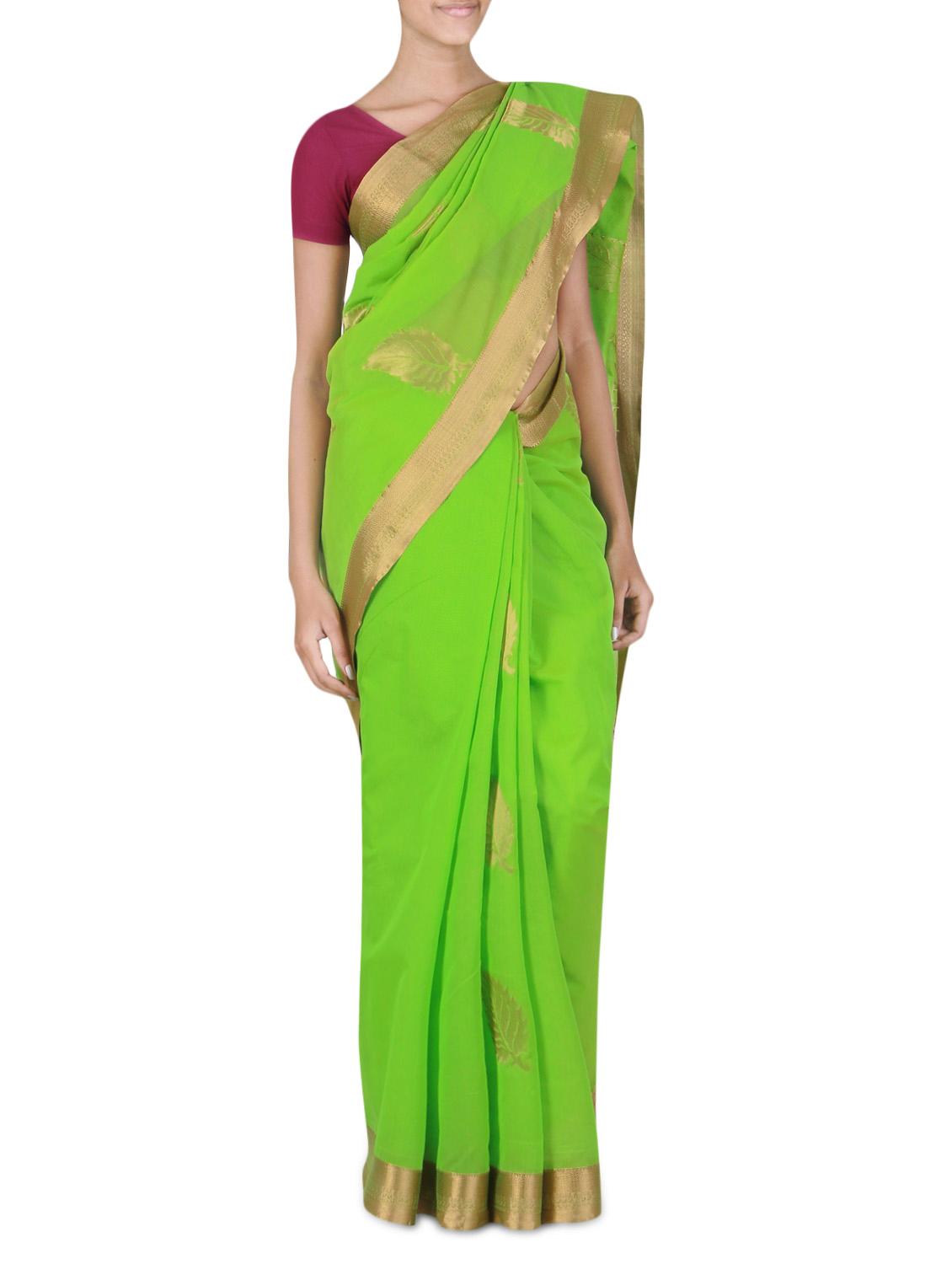 green cotton brocade kasavu saree with blouse - 9565488 - Zoom Image - 1