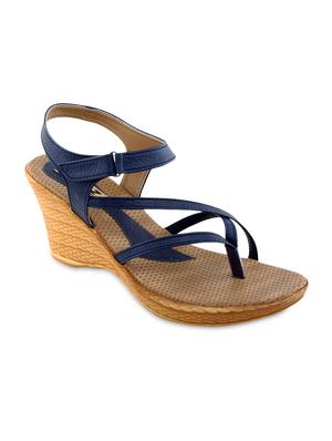 navy blue faux leather ankle strap wedges - 9566257 - Standard Image - 2